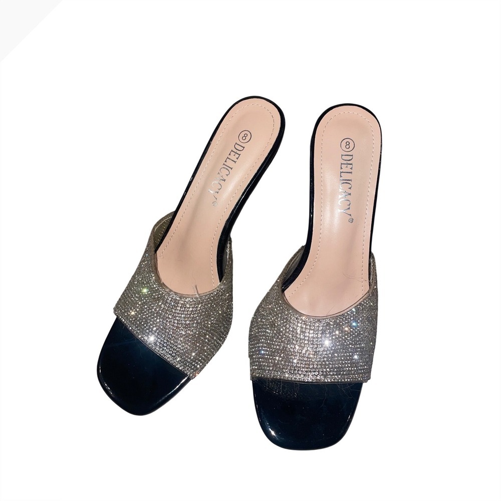 Delicacy Veronica-10 Rhinestone Clear Block Heel Slide Sandals Black Silver 8